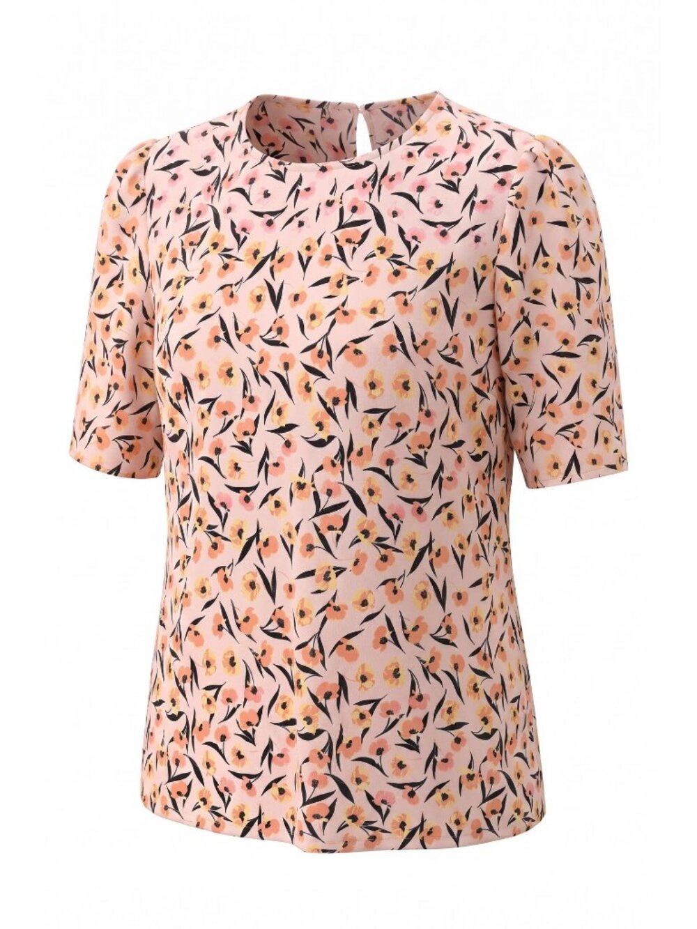 Ann Taylor Womens MP Petite Floral Blouse Pink Short Sleeve Keyhole Back Top EUC